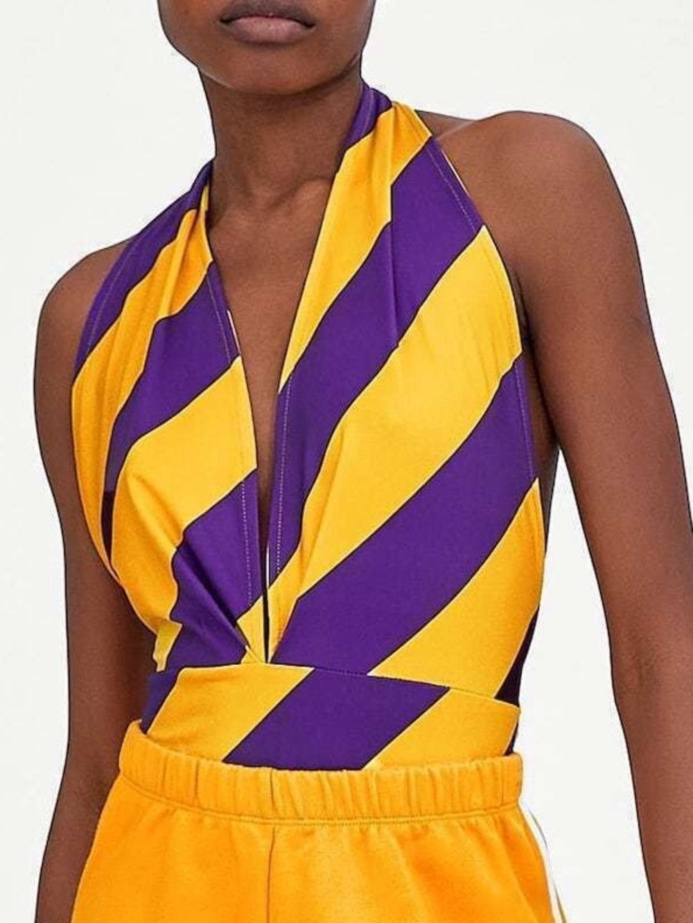 Zara Deep-V Purple & Yellow Stripped Halter Neck Bodysuit
